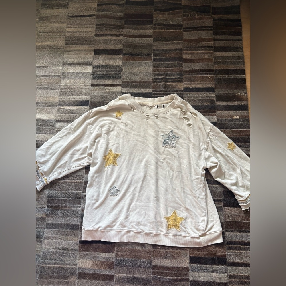 easel Cream Distressed Sweatshirt with Black Detail